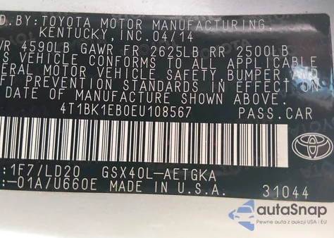 2014 Toyota Avalon Xle z USA, uszkodzony, nr VIN 4T1BK1EB0EU108567